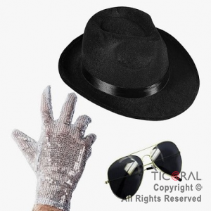 SET DISFRAZ MICHAEL JACKSON SOMBRERO ANTEOJOS Y GUANTES x 1